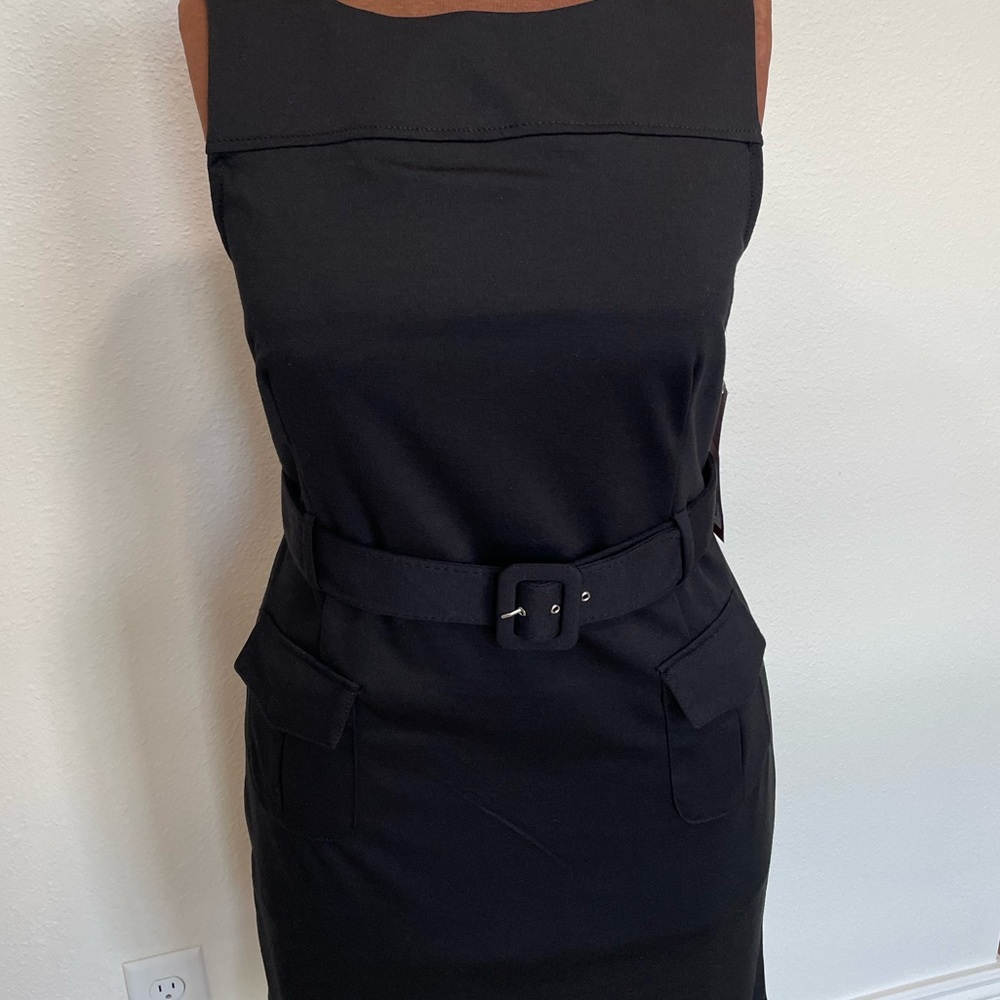 Classic Black Sleeveless Belted Sheath Dress - Picture 2 of 15